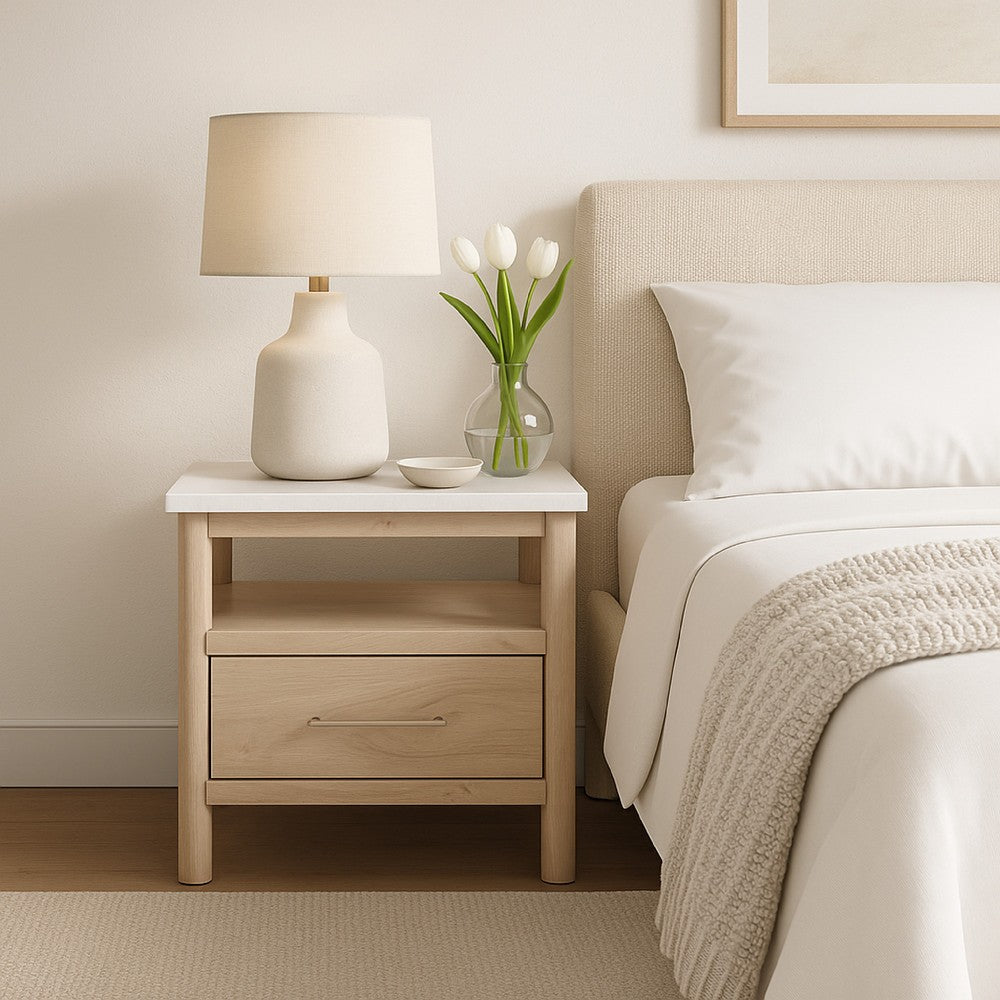 Mooran Nightstand, 1 Drawer w USB-C, Marble Finish Top, Brown Beige