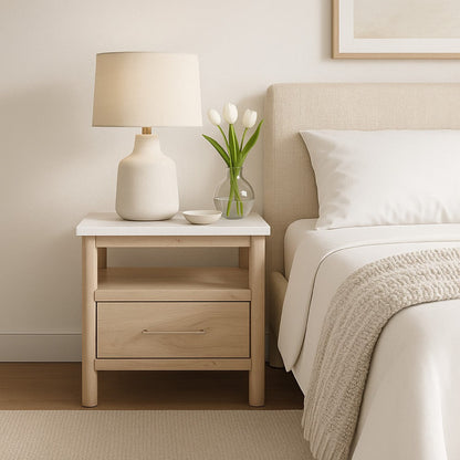Mooran Nightstand, 1 Drawer w USB-C, Marble Finish Top, Brown Beige