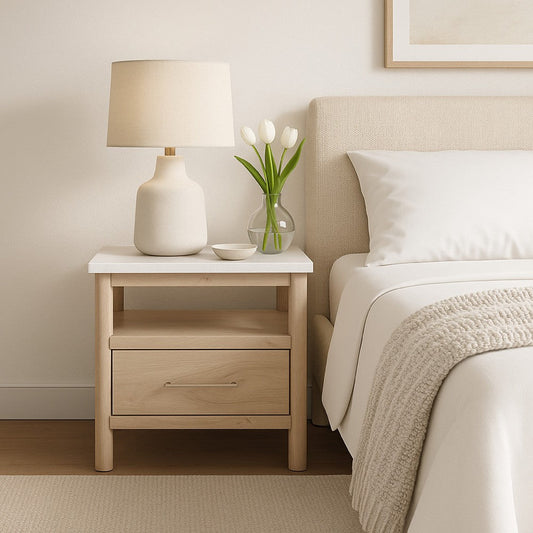 Mooran Nightstand, 1 Drawer w USB-C, Marble Finish Top, Brown Beige
