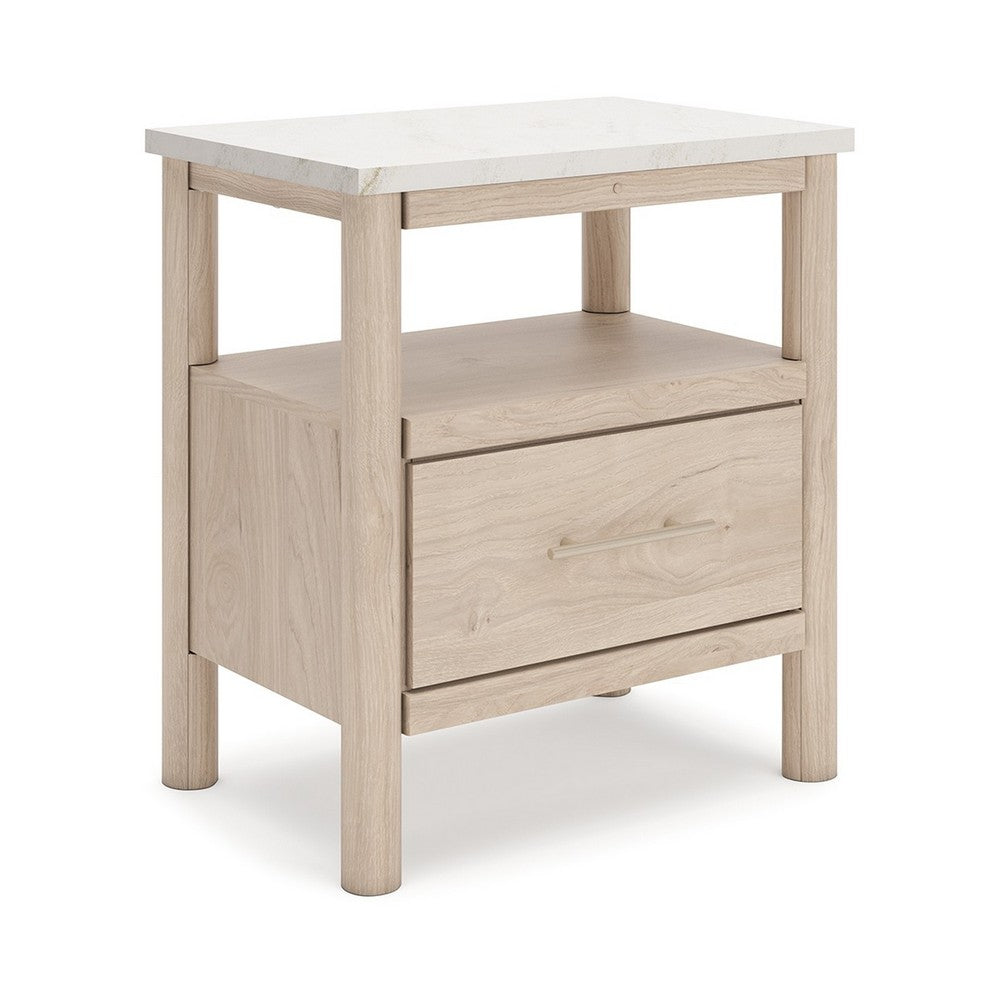 Mooran Nightstand, 1 Drawer w USB-C, Marble Finish Top, Brown Beige