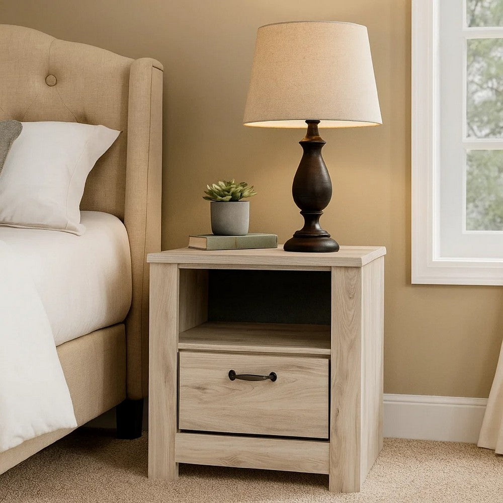 Simon Nightstand, Drawer and USB, Rustic Gray Laminate Whitewash