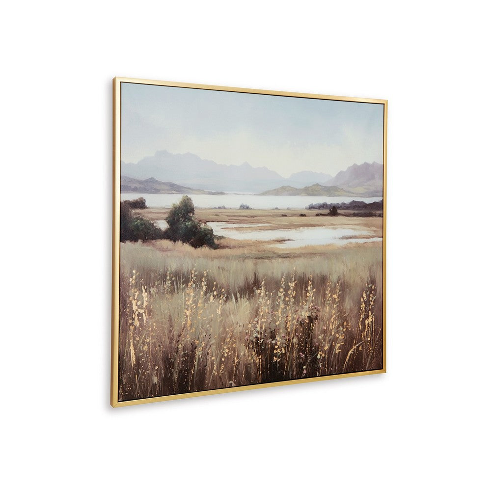 Framed Wall Art, 40x40 Painted Canvas, Lakeside Mountain Landscape