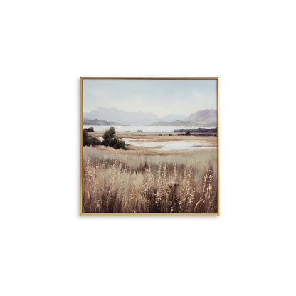 Framed Wall Art, 40x40 Painted Canvas, Lakeside Mountain Landscape