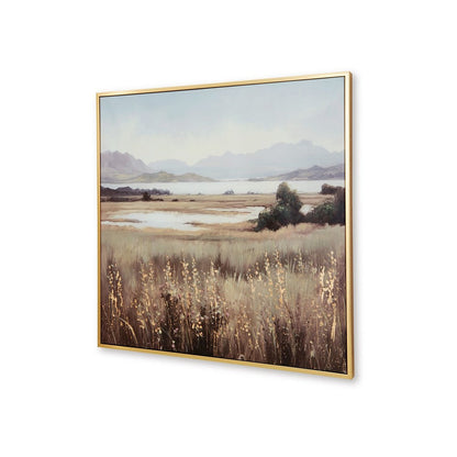Framed Wall Art, 40x40 Painted Canvas, Lakeside Mountain Landscape