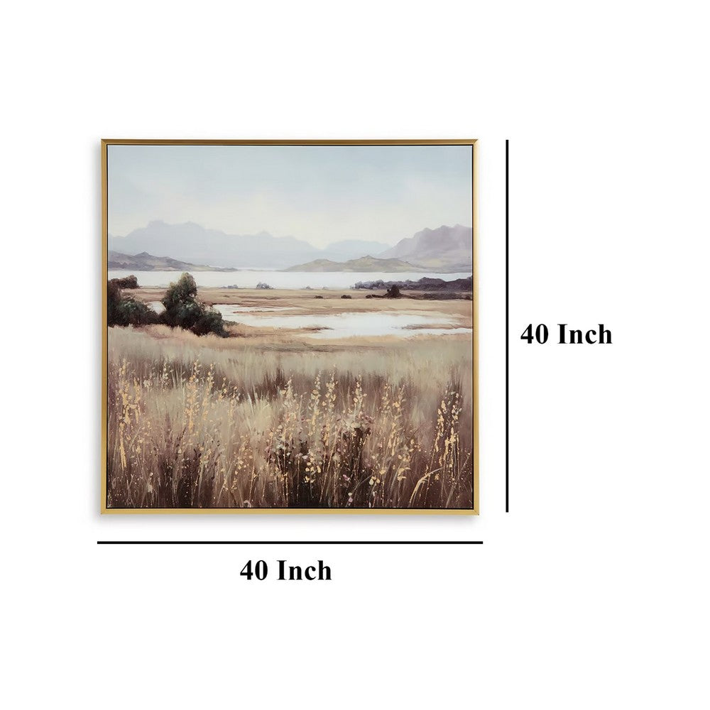 Framed Wall Art, 40x40 Painted Canvas, Lakeside Mountain Landscape