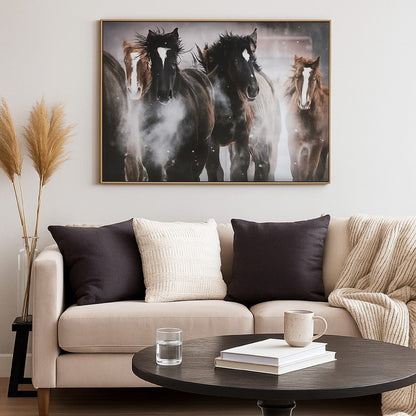 Hose Wall Art, 36x48 Painted Canvas, Brown Black White Running Horses
