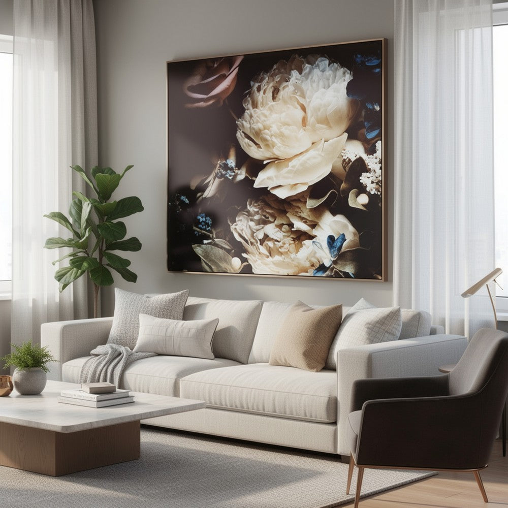 Cruz Floral Wall Art, 40x40 Framed Canvas, Beige, Brown, and Blue