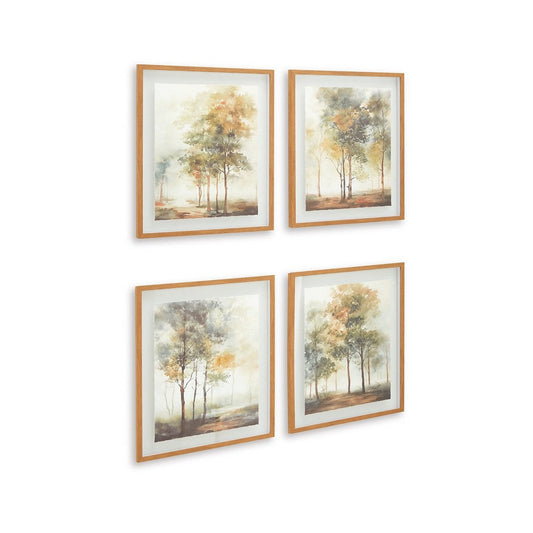Foryn 4 Piece Wall Art Set, 23x27, Spring Trees Print w Brown Frame