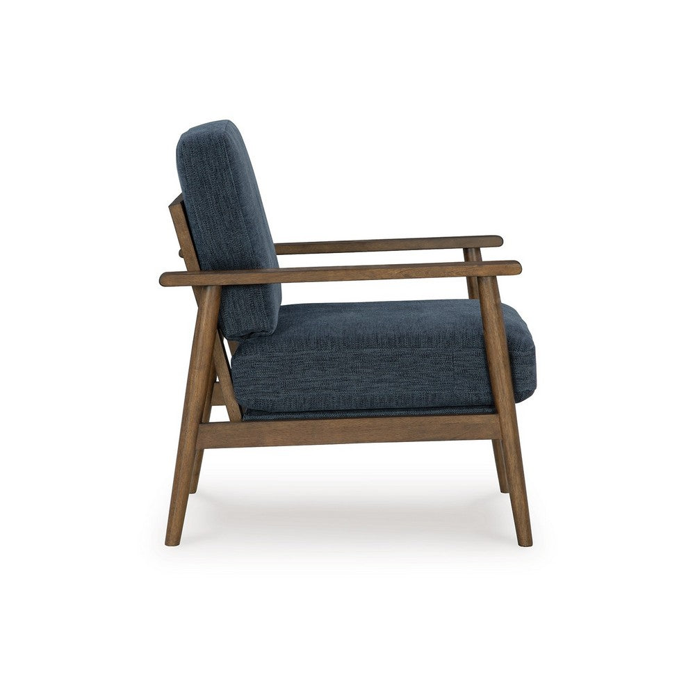 Bixy Accent Chair, 31 Inch, Brown Wood Armrests, Dark Blue Polyester