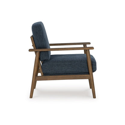 Bixy Accent Chair, 31 Inch, Brown Wood Armrests, Dark Blue Polyester