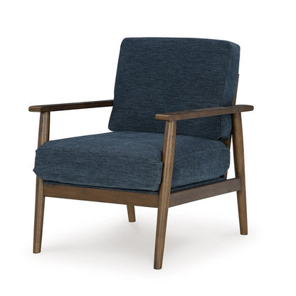 Bixy Accent Chair, 31 Inch, Brown Wood Armrests, Dark Blue Polyester