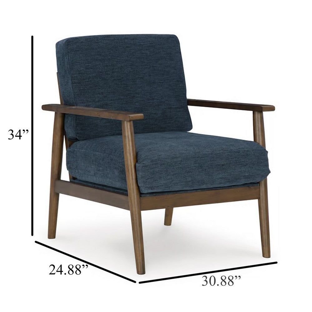 Bixy Accent Chair, 31 Inch, Brown Wood Armrests, Dark Blue Polyester