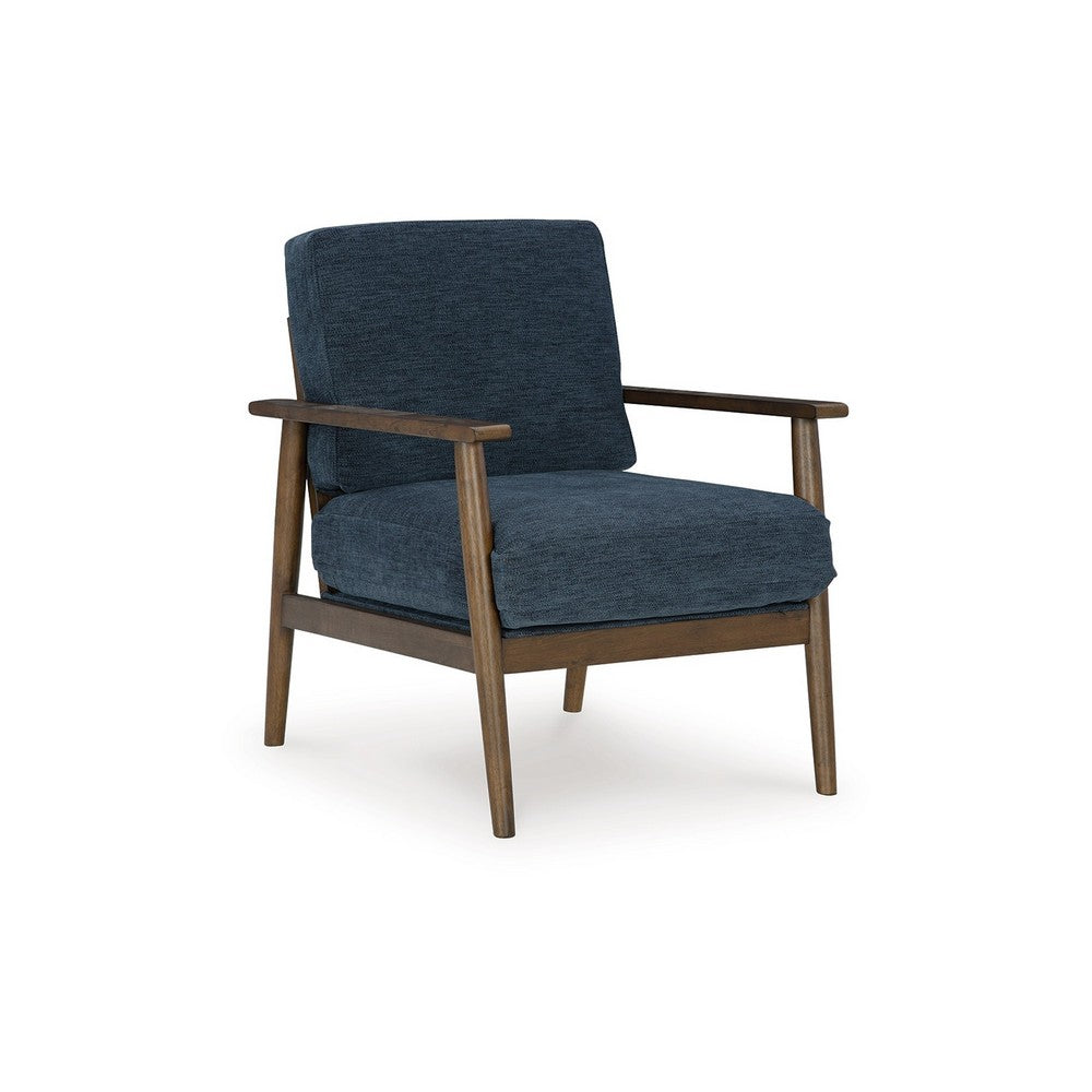 Bixy Accent Chair, 31 Inch, Brown Wood Armrests, Dark Blue Polyester