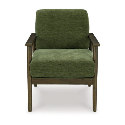 Bixy Accent Chair, 31 Inch, Brown Wood Armrests, Dark Green Polyester