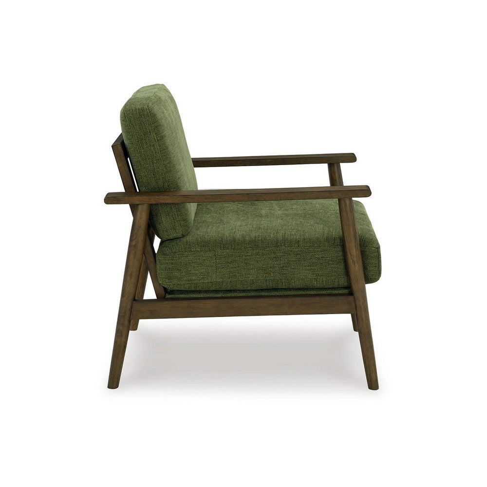 Bixy Accent Chair, 31 Inch, Brown Wood Armrests, Dark Green Polyester