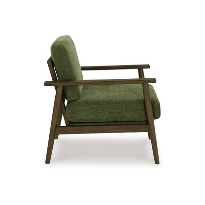 Bixy Accent Chair, 31 Inch, Brown Wood Armrests, Dark Green Polyester