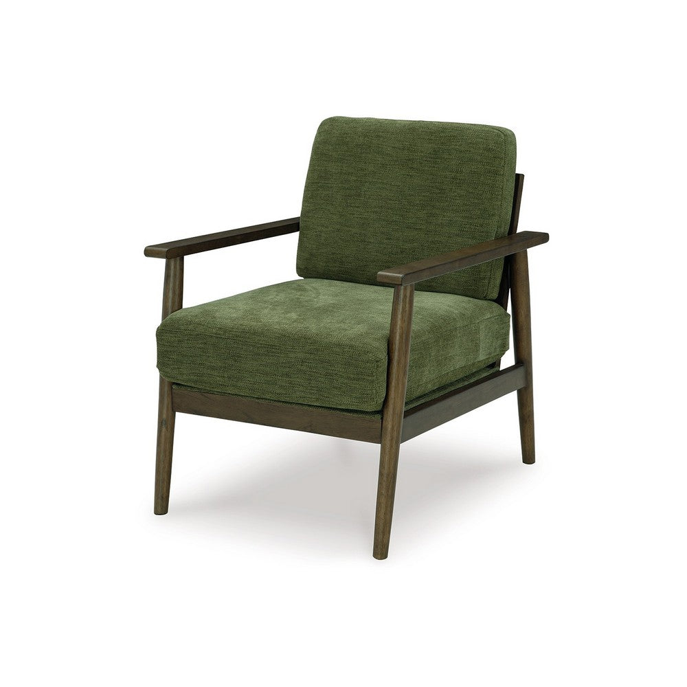 Bixy Accent Chair, 31 Inch, Brown Wood Armrests, Dark Green Polyester