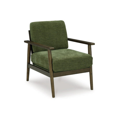 Bixy Accent Chair, 31 Inch, Brown Wood Armrests, Dark Green Polyester