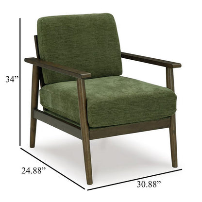 Bixy Accent Chair, 31 Inch, Brown Wood Armrests, Dark Green Polyester