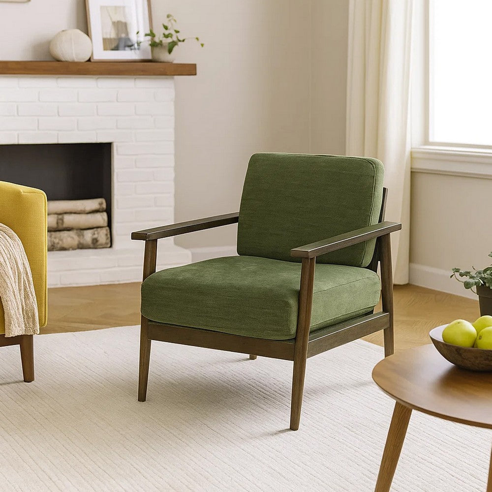 Bixy Accent Chair, 31 Inch, Brown Wood Armrests, Dark Green Polyester