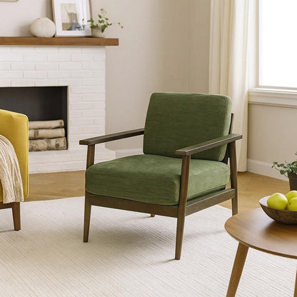 Bixy Accent Chair, 31 Inch, Brown Wood Armrests, Dark Green Polyester