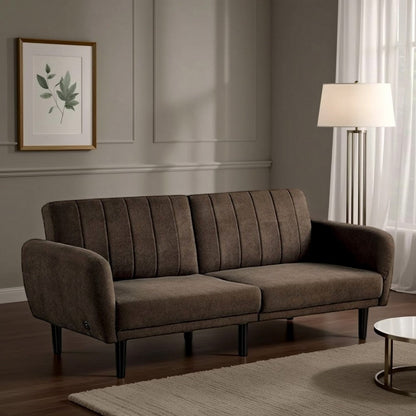 Arz Fold Out Futon Sofa Bed, Dark Brown, Retro Channel Tufted Back