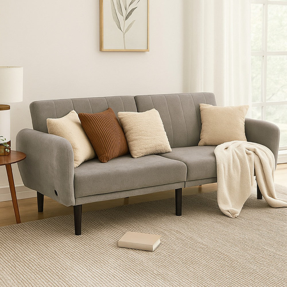 Arz Fold Out Futon Sofa Bed, Light Gray, Retro Channel Tufted Back