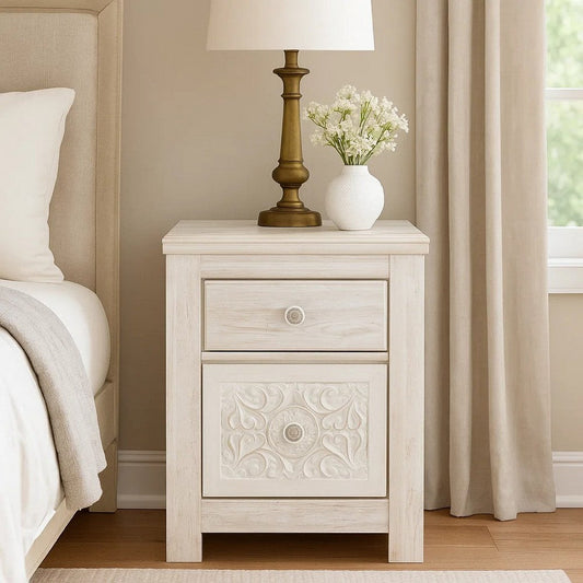 Paxy Nightstand, 2 Drawers, 2 USB Ports, Laminate Whitewash Finish