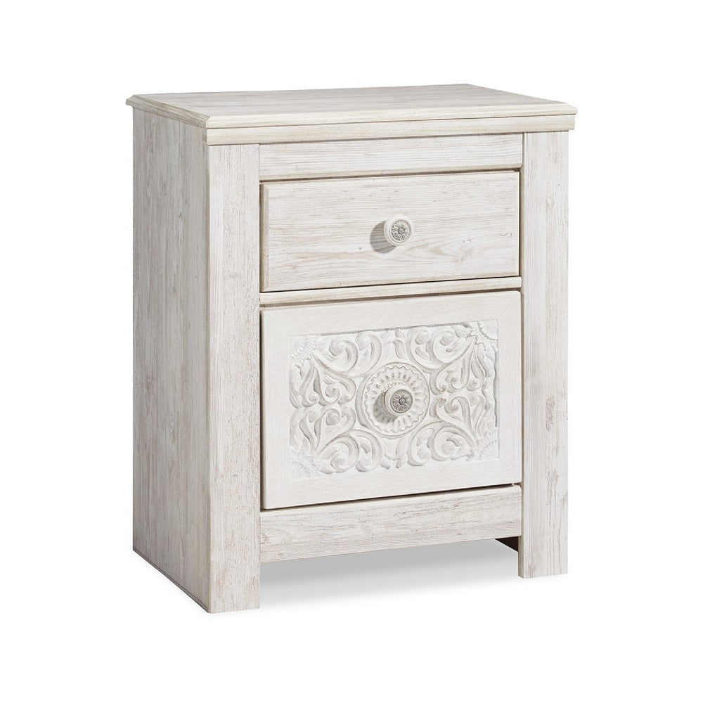 Paxy Nightstand, 2 Drawers, 2 USB Ports, Laminate Whitewash Finish