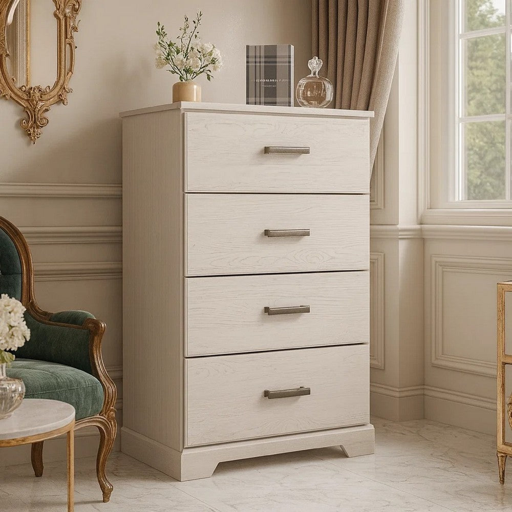 Tely Tall Dresser Chest, 4 Drawers, Modern Farmhouse Laminate White