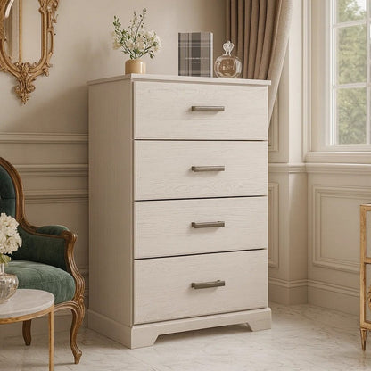 Tely Tall Dresser Chest, 4 Drawers, Modern Farmhouse Laminate White
