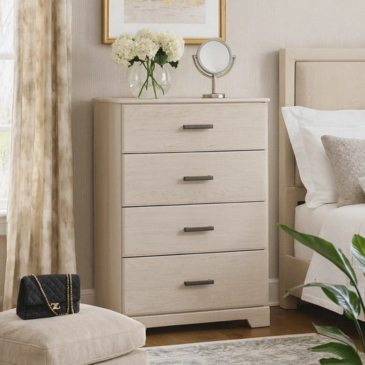 Tely Tall Dresser Chest, 4 Drawers, Modern Farmhouse Laminate White