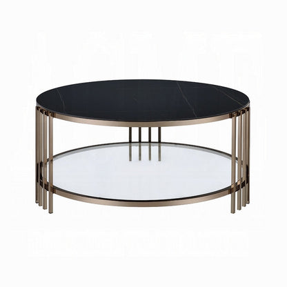 Abio Coffee Table, 35 Inch, Round Sintered Stone Top, Black and Gold