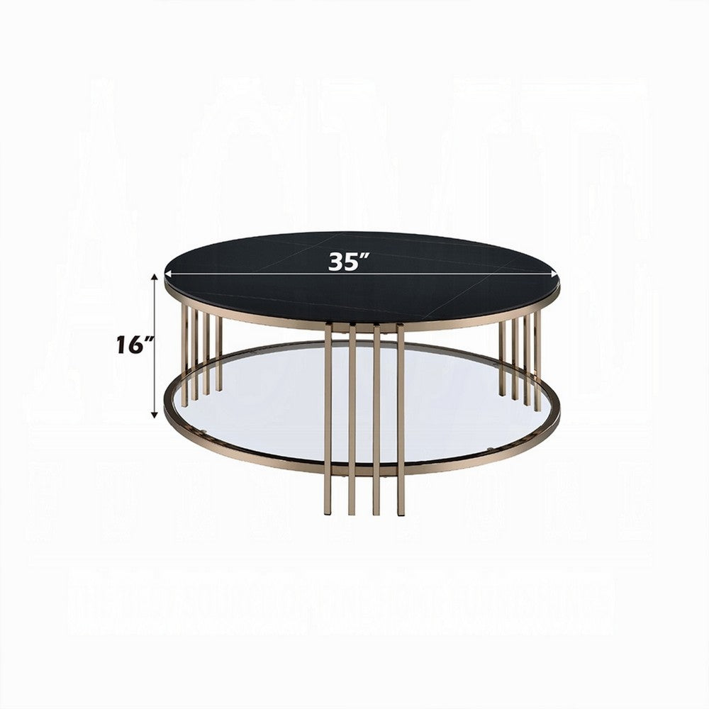 Abio Coffee Table, 35 Inch, Round Sintered Stone Top, Black and Gold