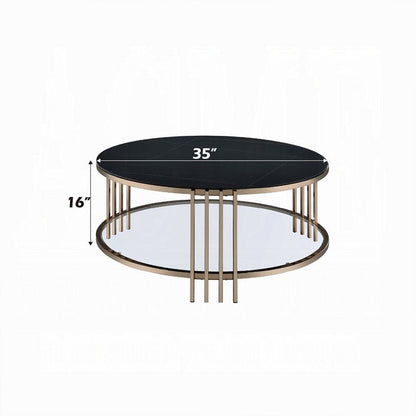 Abio Coffee Table, 35 Inch, Round Sintered Stone Top, Black and Gold