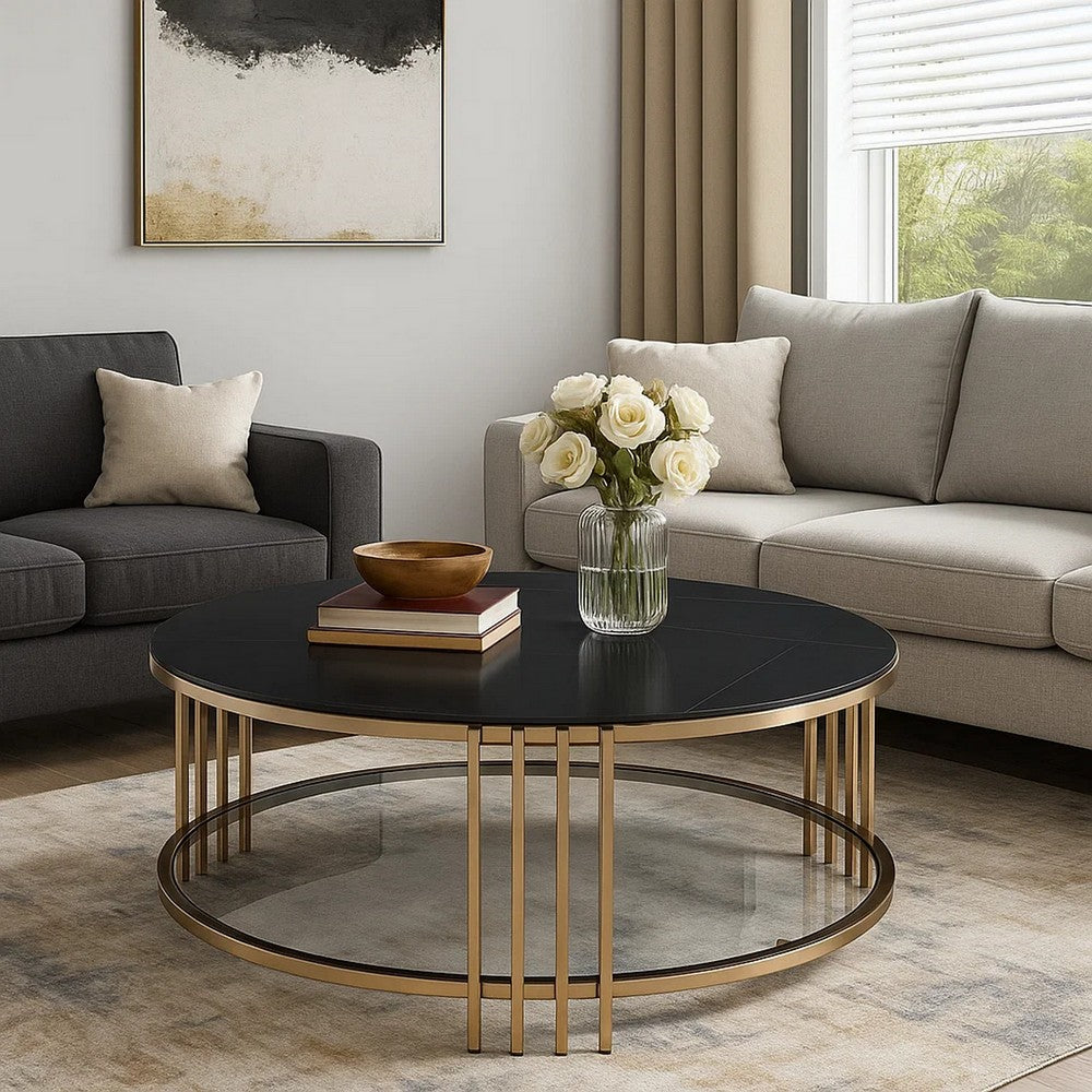 Abio Coffee Table, 35 Inch, Round Sintered Stone Top, Black and Gold