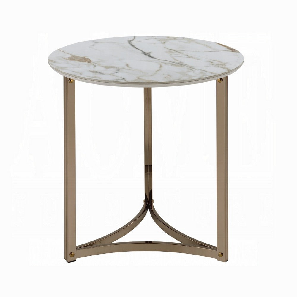Acor Side End Table, 24 Inch, Round Sintered Stone Top, White and Gold