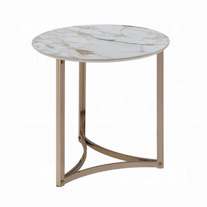 Acor Side End Table, 24 Inch, Round Sintered Stone Top, White and Gold