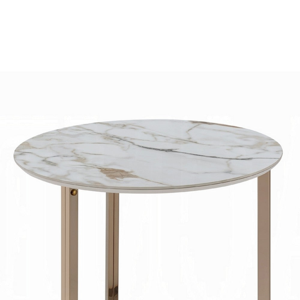 Acor Side End Table, 24 Inch, Round Sintered Stone Top, White and Gold