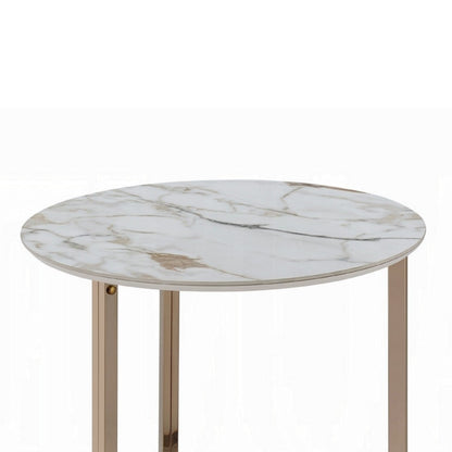 Acor Side End Table, 24 Inch, Round Sintered Stone Top, White and Gold