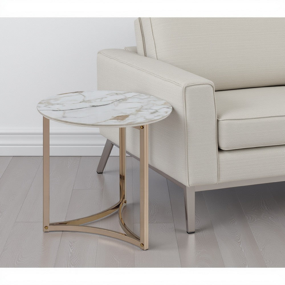 Acor Side End Table, 24 Inch, Round Sintered Stone Top, White and Gold