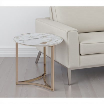 Acor Side End Table, 24 Inch, Round Sintered Stone Top, White and Gold