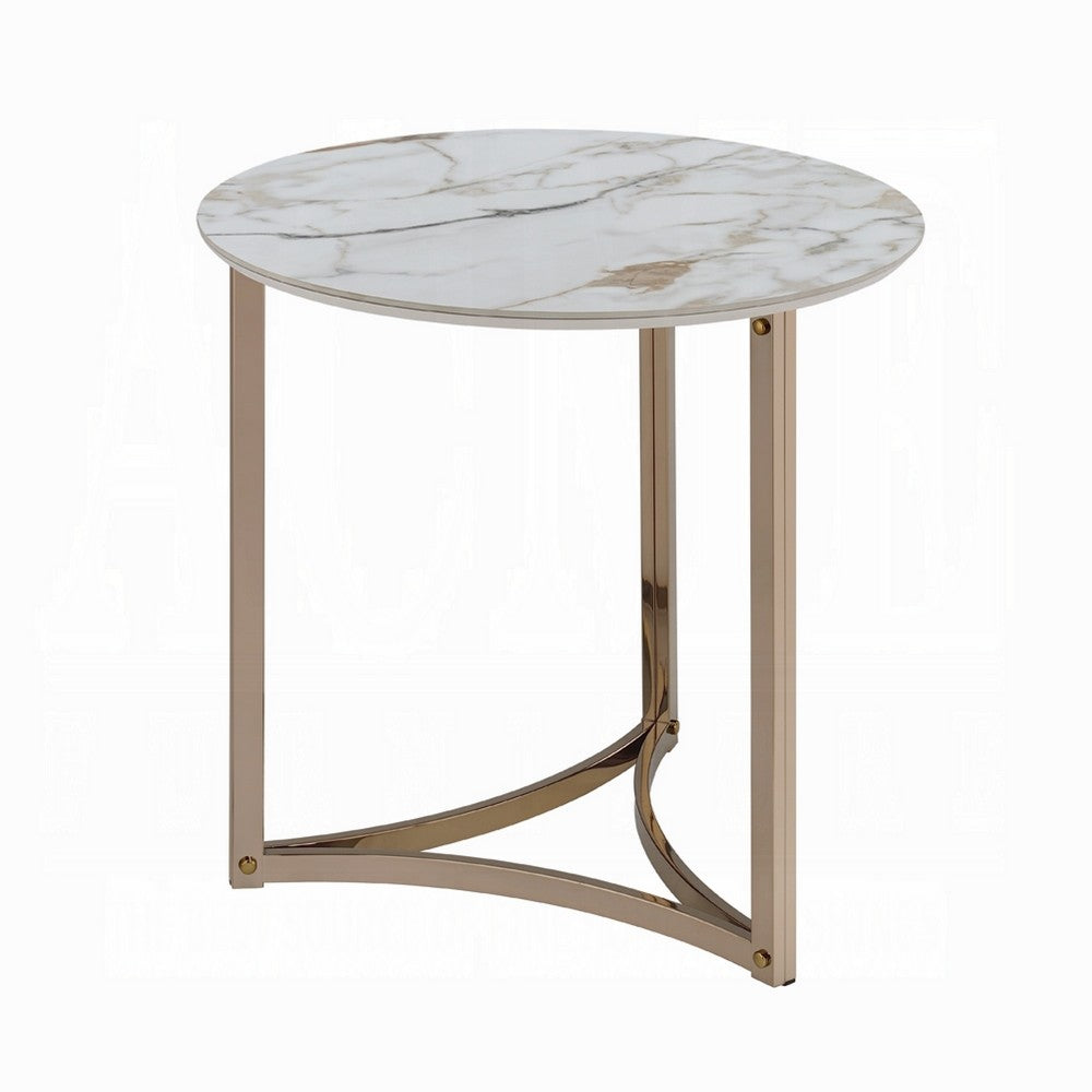 Acor Side End Table, 24 Inch, Round Sintered Stone Top, White and Gold