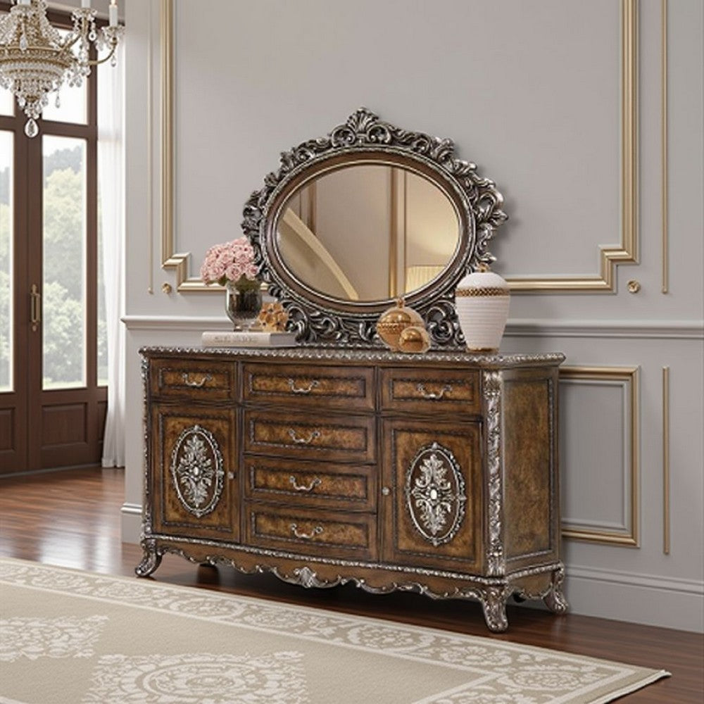 Vany Dresser Mirror, Intricate Brushed Champagne and Cherry Wood 43x53