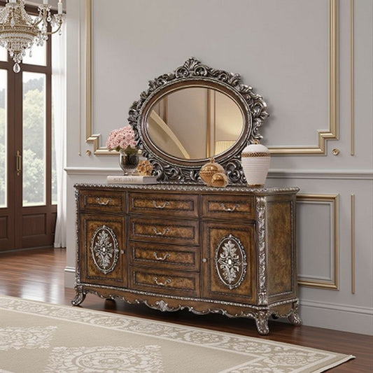 Vany Dresser Mirror, Intricate Brushed Champagne and Cherry Wood 43x53