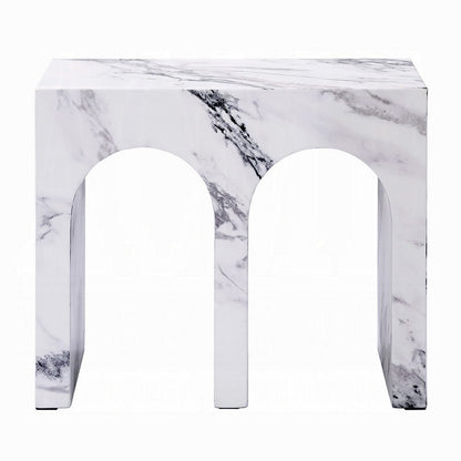 Ritzy Side End Table, White Faux Stone, Modern Arch Design 22 Inch