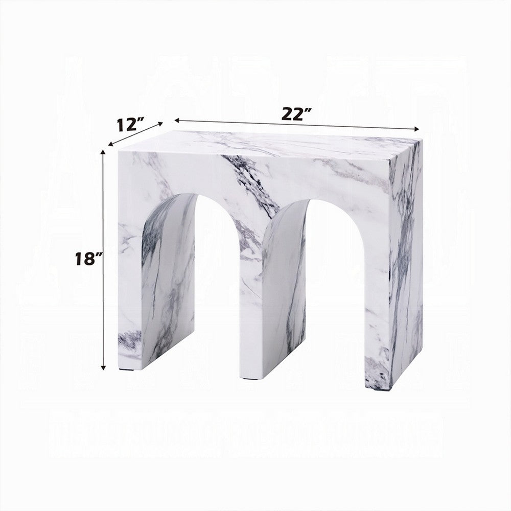 Ritzy Side End Table, White Faux Stone, Modern Arch Design 22 Inch