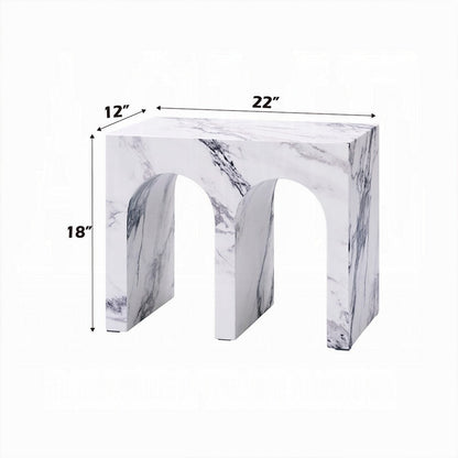 Ritzy Side End Table, White Faux Stone, Modern Arch Design 22 Inch