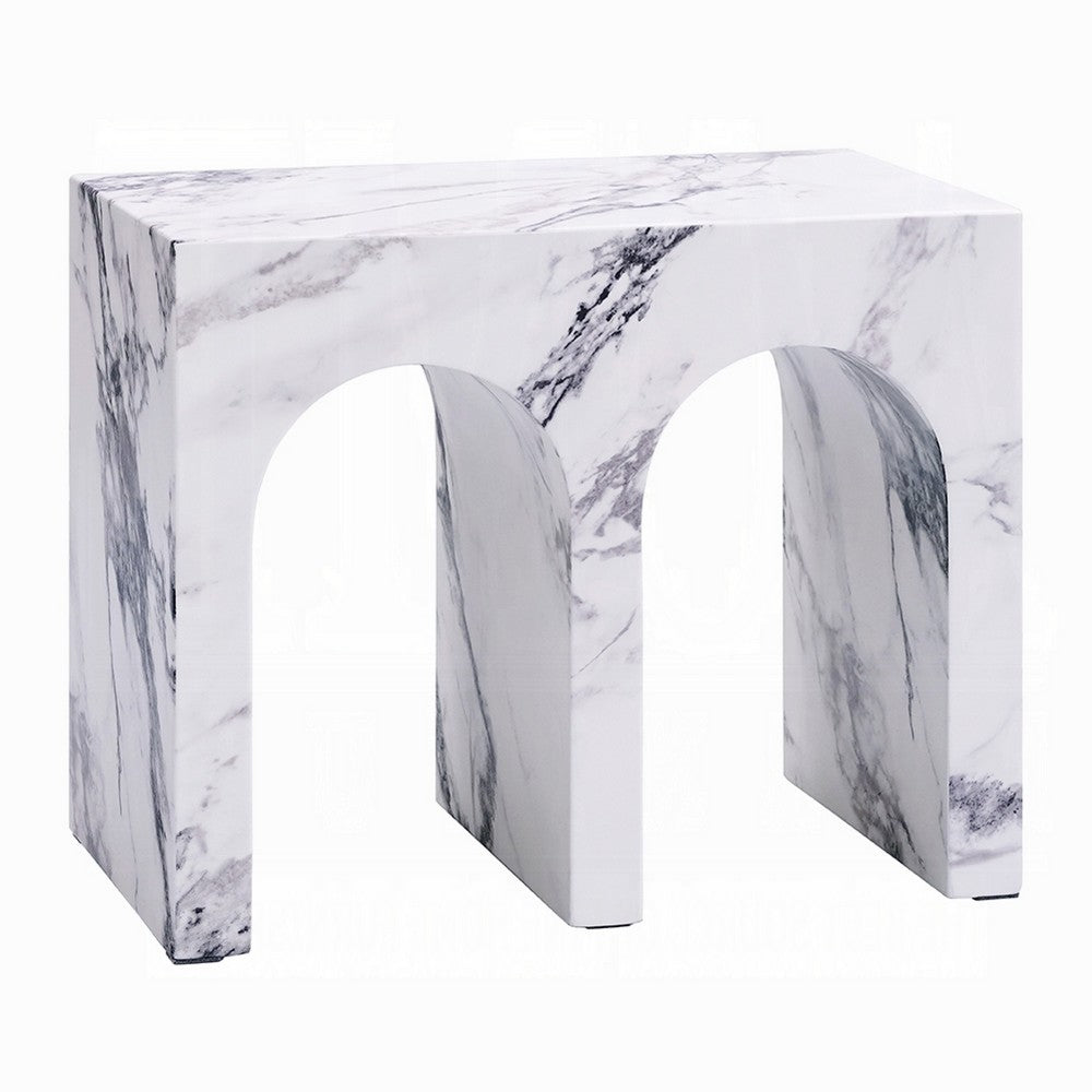 Ritzy Side End Table, White Faux Stone, Modern Arch Design 22 Inch