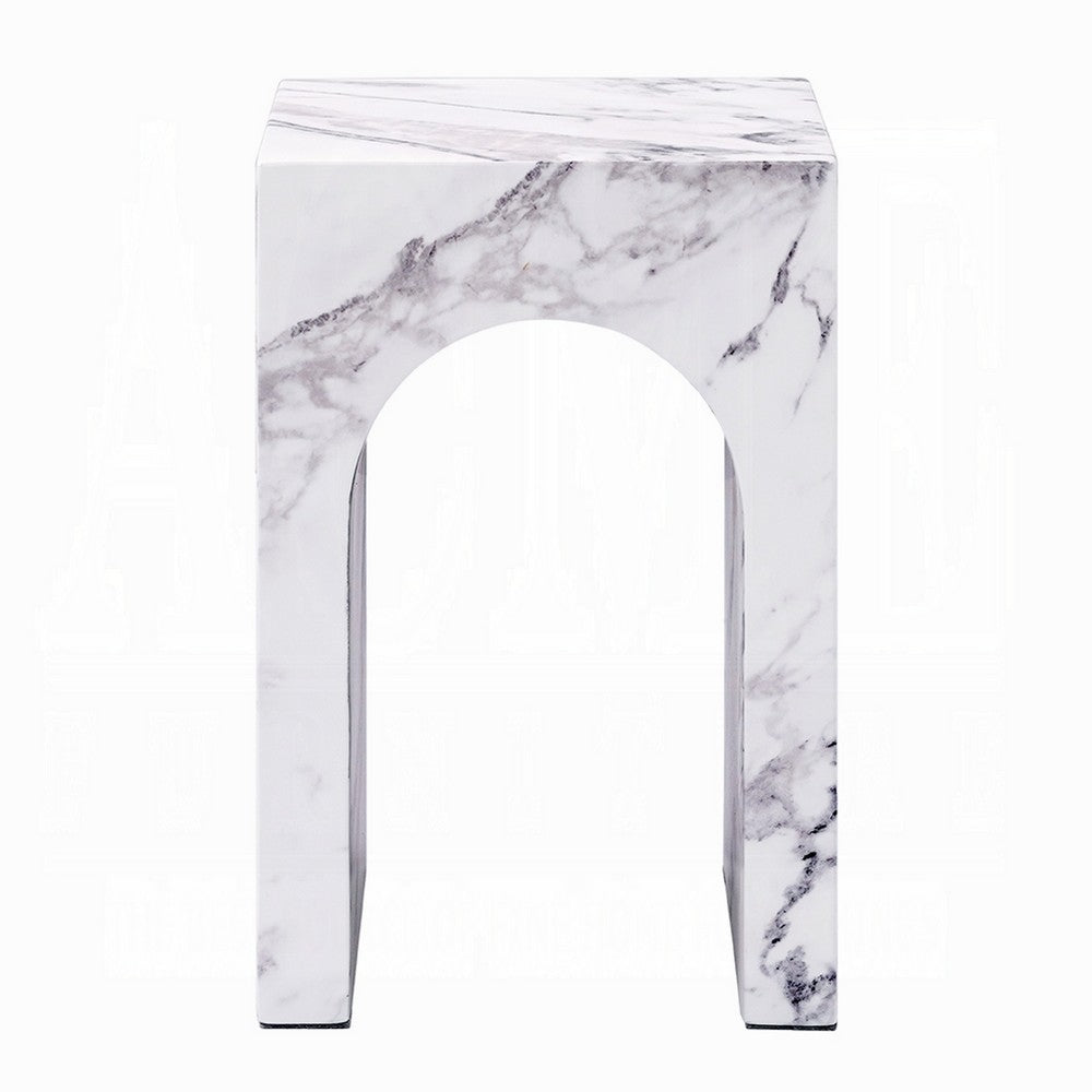 Ritzy End Table, White Marble Faux Stone Single Arch Design 12 Inch